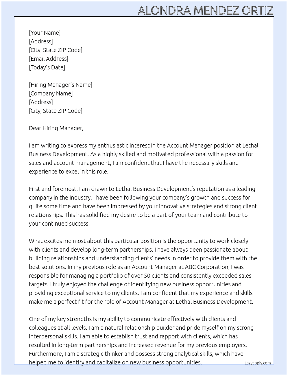 Account Manager At Lethal Business Development Cover Letter