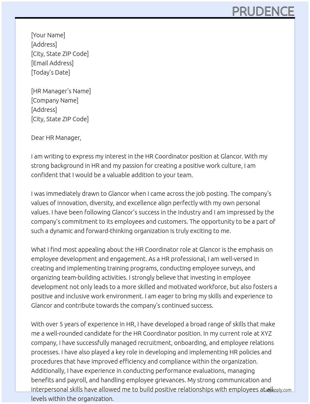 HR Coordinator At Glancor Cover Letter