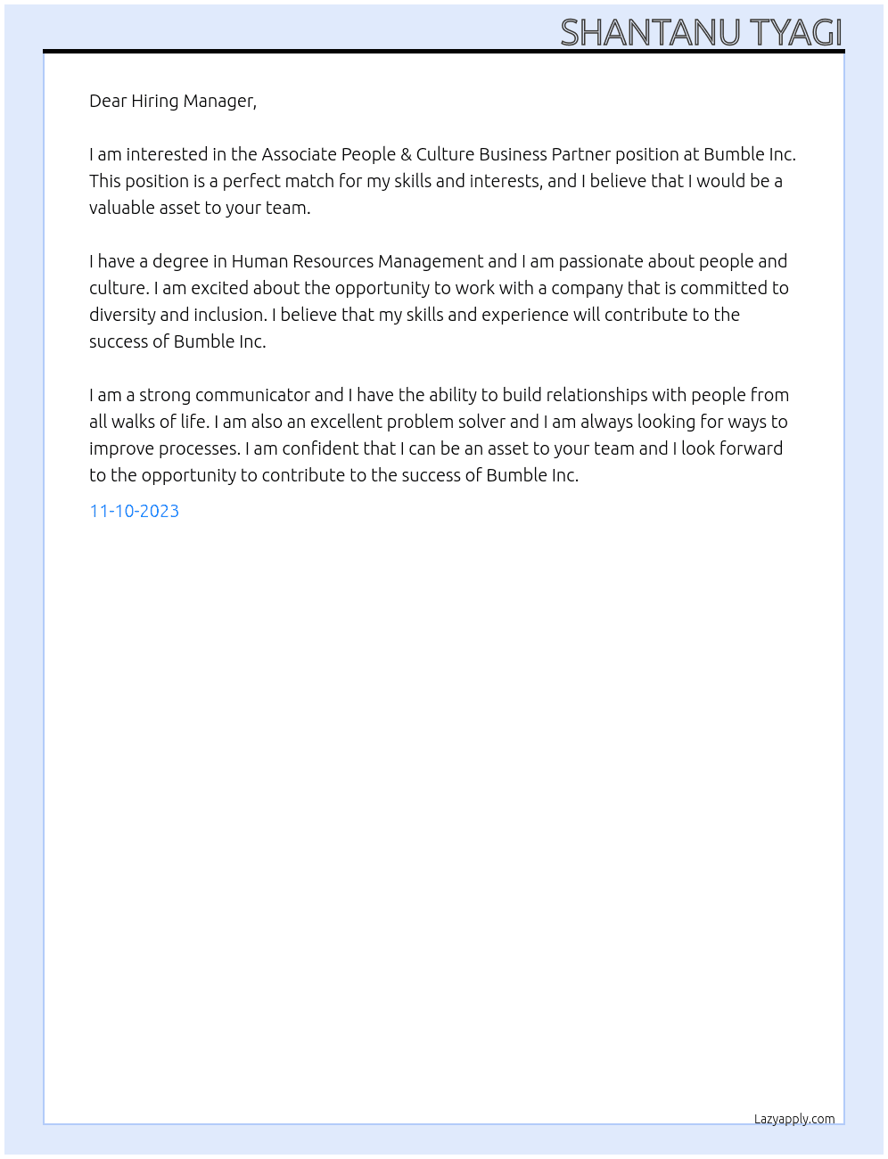 Associate People & Culture Business Partner At Bumble Inc. Cover Letter