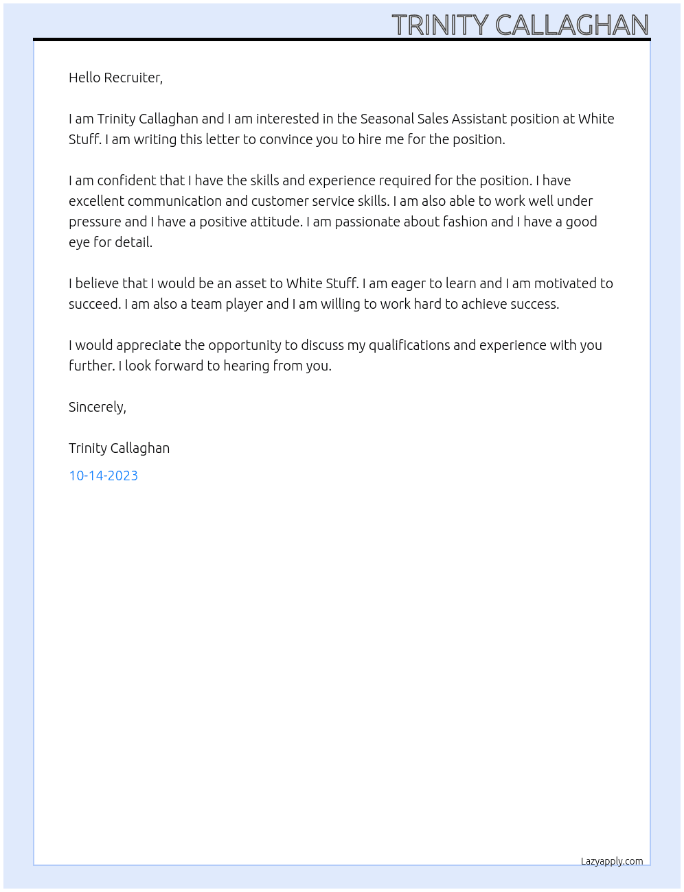 Seasonal Sales Assisstant At White Stuff Cover Letter