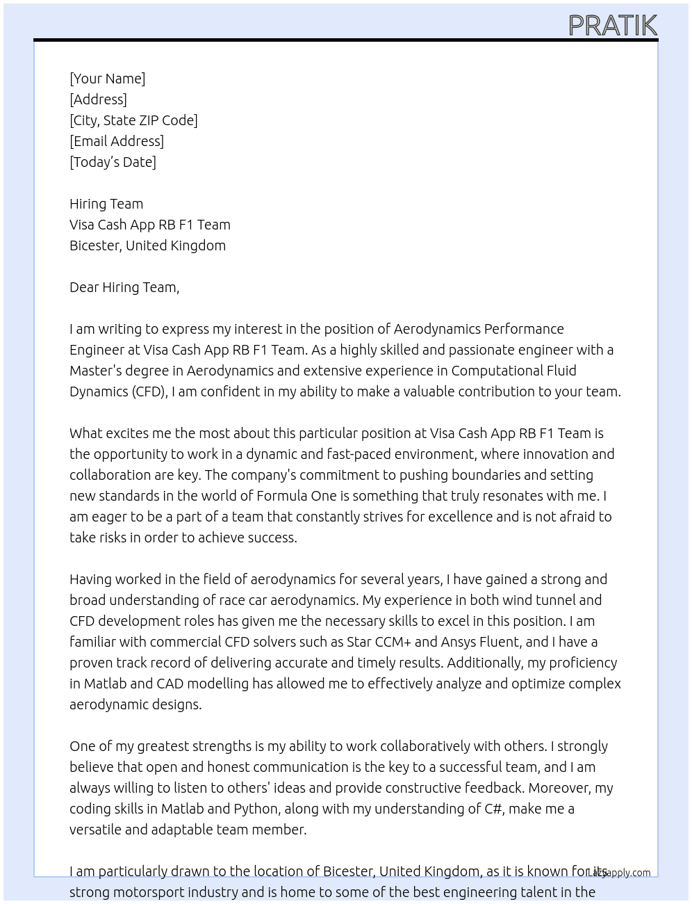Aerodynamics Performance Engineer At Visa Cash App RB F1 Team Cover Letter