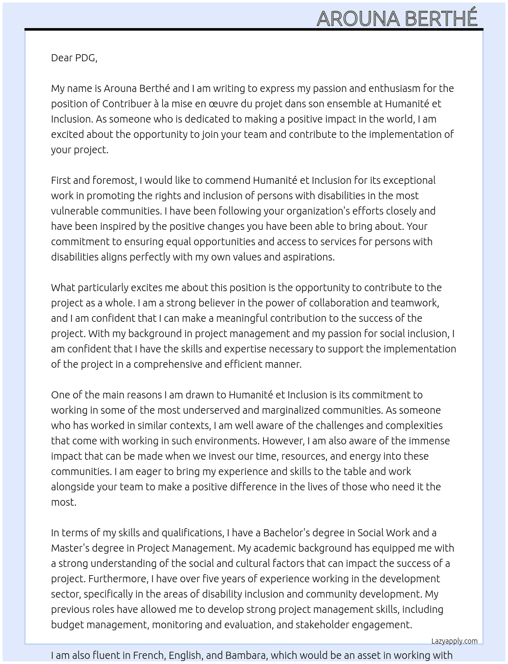 Contribuer à la mise en œuvre du projet dans son ensemble  At Humanité et Inclusion  Cover Letter