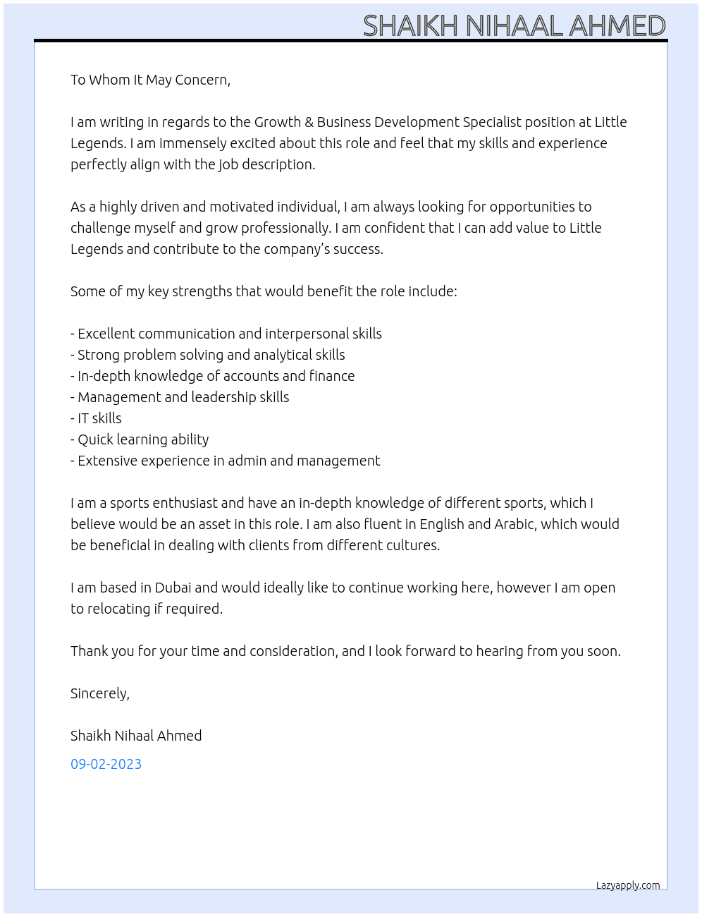 Growth & Business Development Specialist At Little Legends Cover Letter