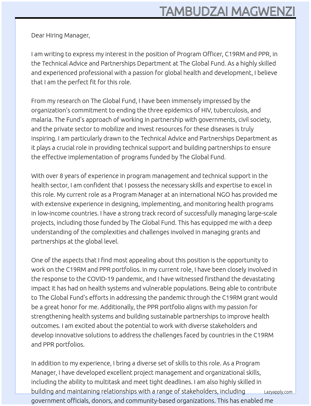 Program Officer, C19RM and PPR, Technical Advice and Partnerships Department  At The Global Fund Cover Letter