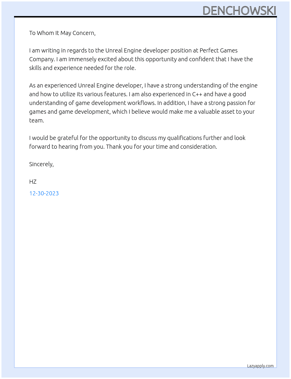 Unreal Engine developer At Perfect Games Company Cover Letter