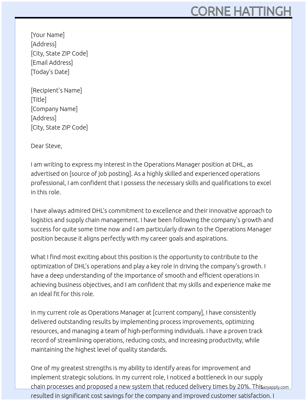 Operations Manager At DHL Cover Letter