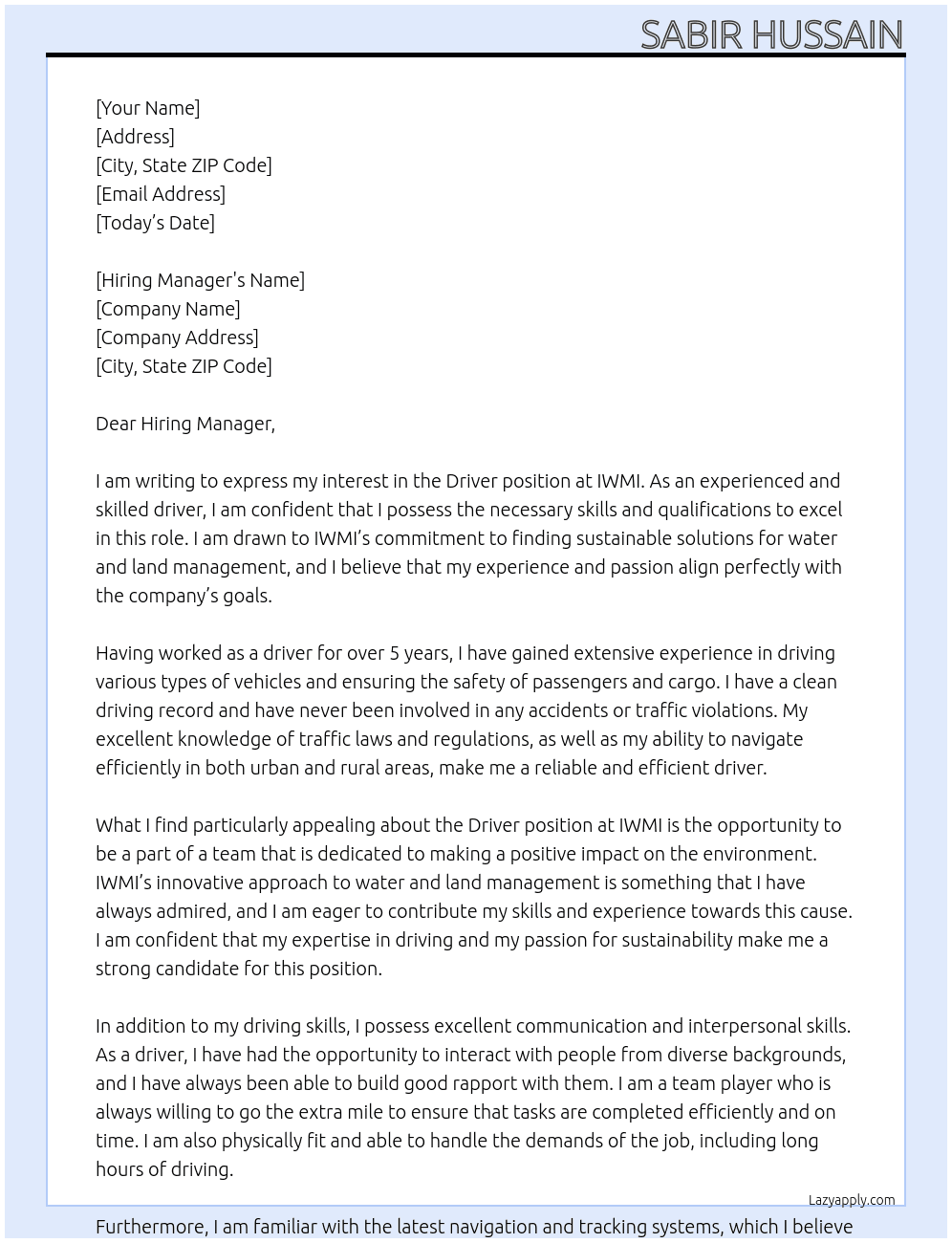 Driver At IWMI Cover Letter