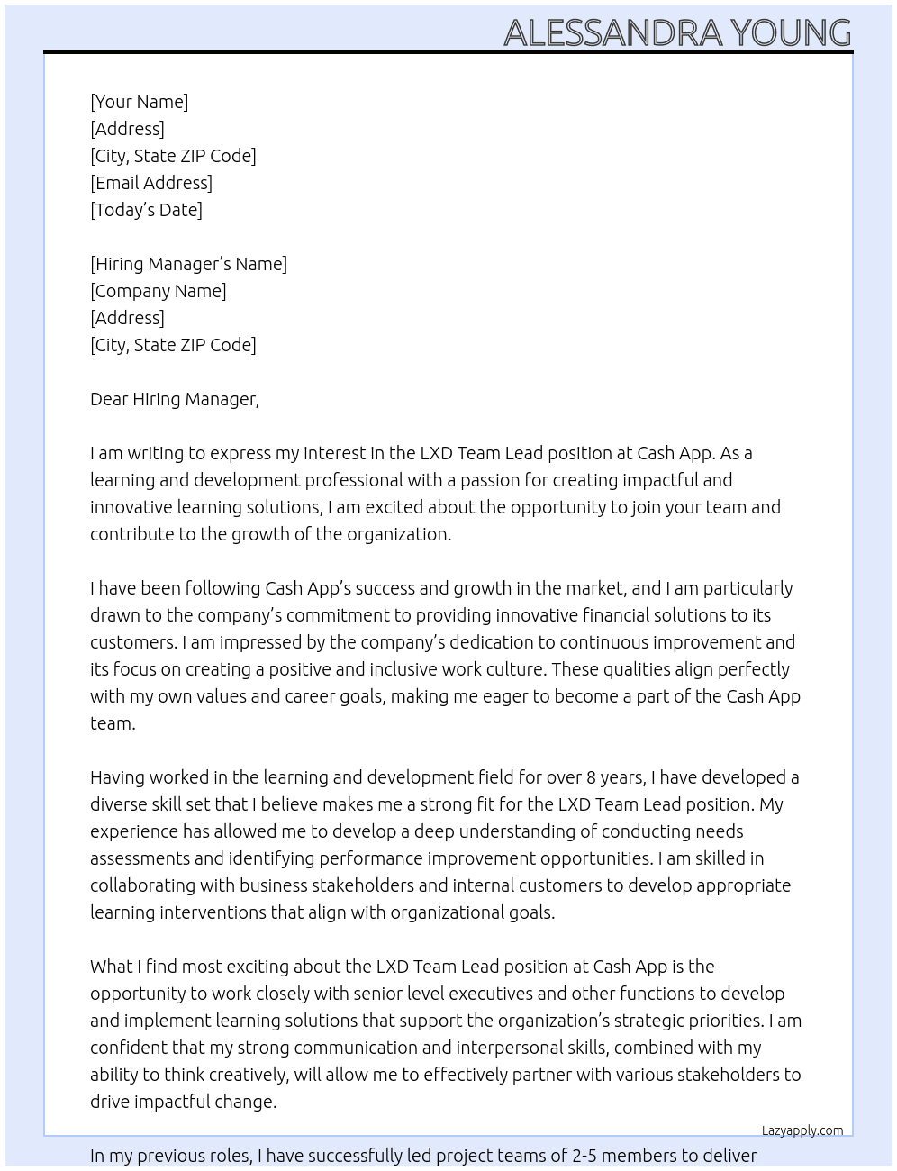LXD Team Lead At Cash App Cover Letter