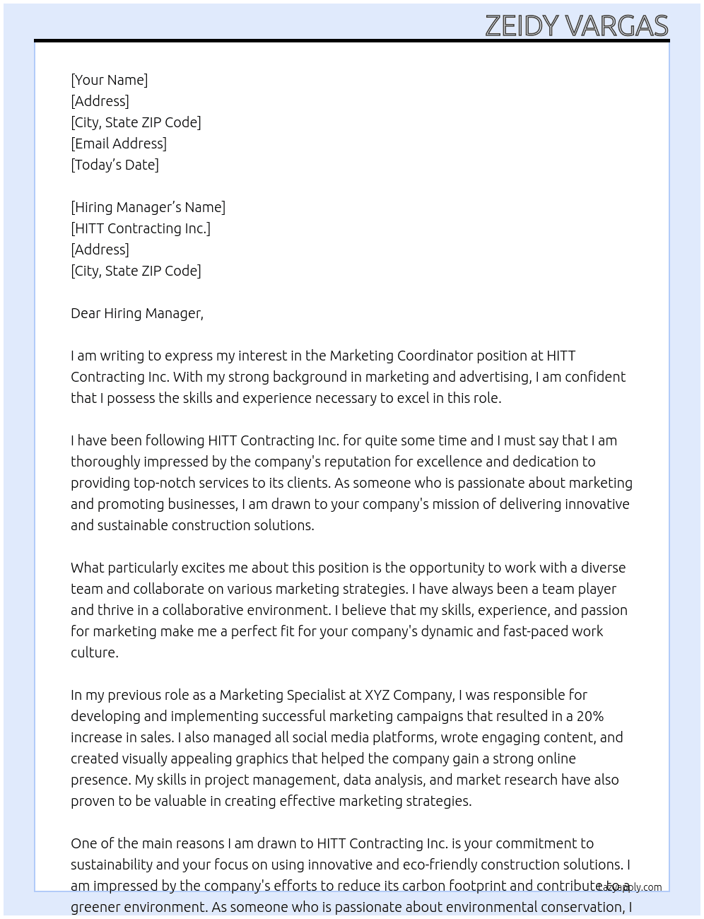 Marketing Coordinator At HITT Contracting Inc Cover Letter