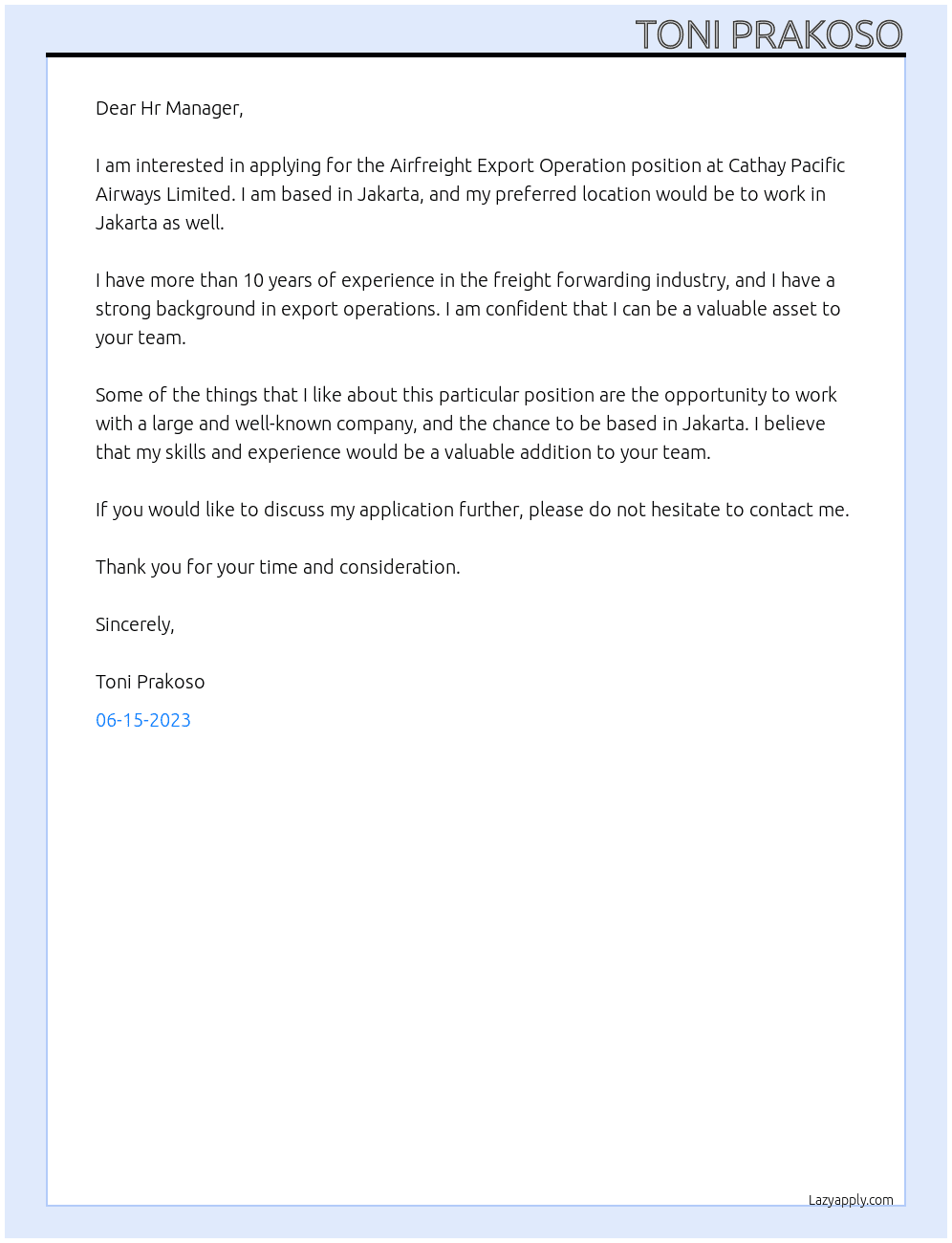 Airfreight Export Operation At Cathay Pacific Airways Limited Cover Letter