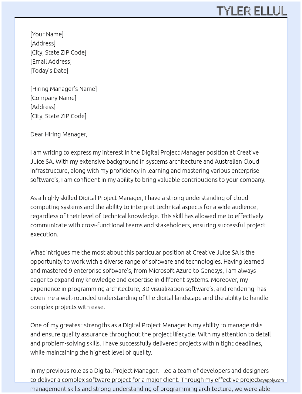 Digital Project Manager At Creative Juice SA Cover Letter
