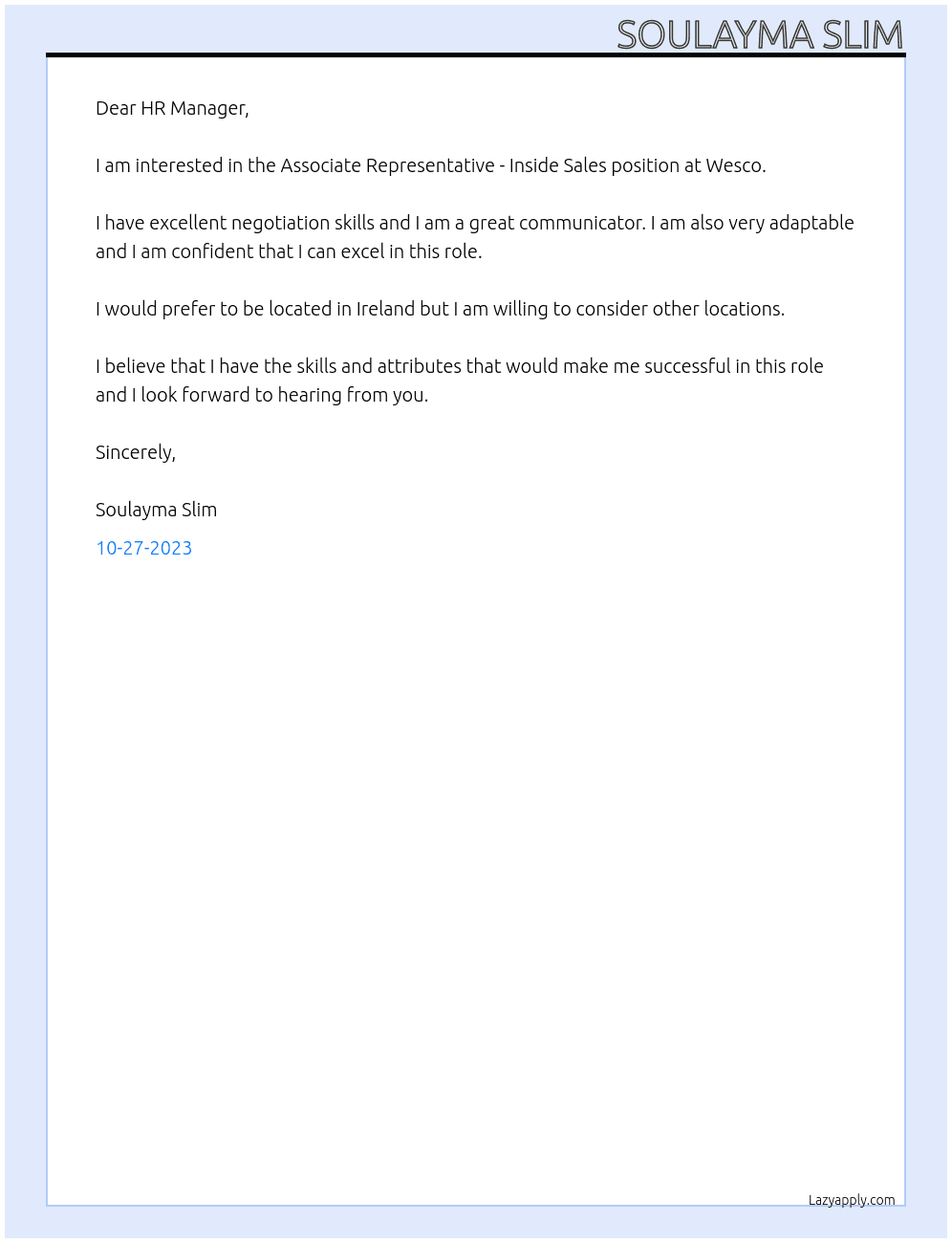 Associate Representative - Inside Sales At Wesco Cover Letter
