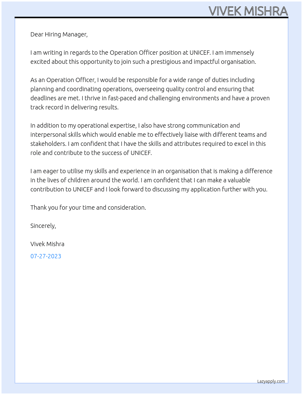 Operation officer At UNICEFHiring  Cover Letter