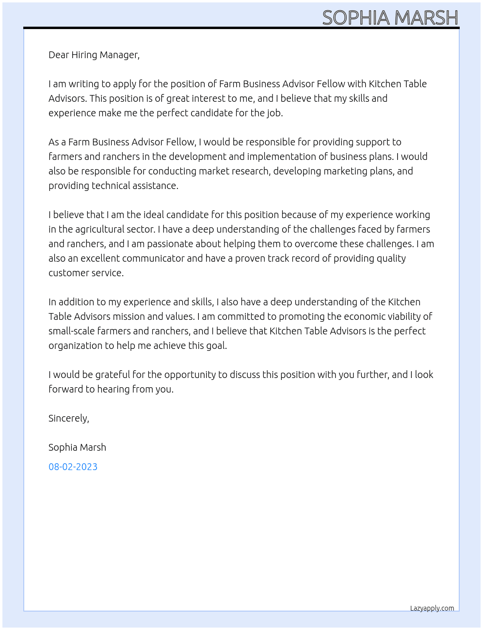 Farm Business Advisor Fellow At Kitchen Table Advisors Cover Letter