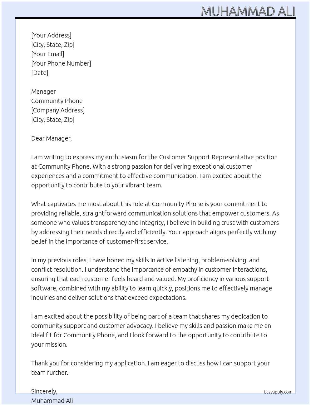 Cover letter for customer support representative - LazyApply