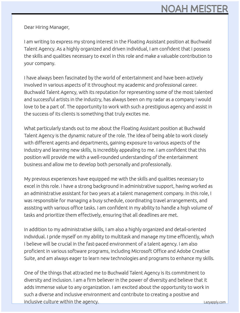 Floating Assistant At Buchwald Talent Agency Cover Letter