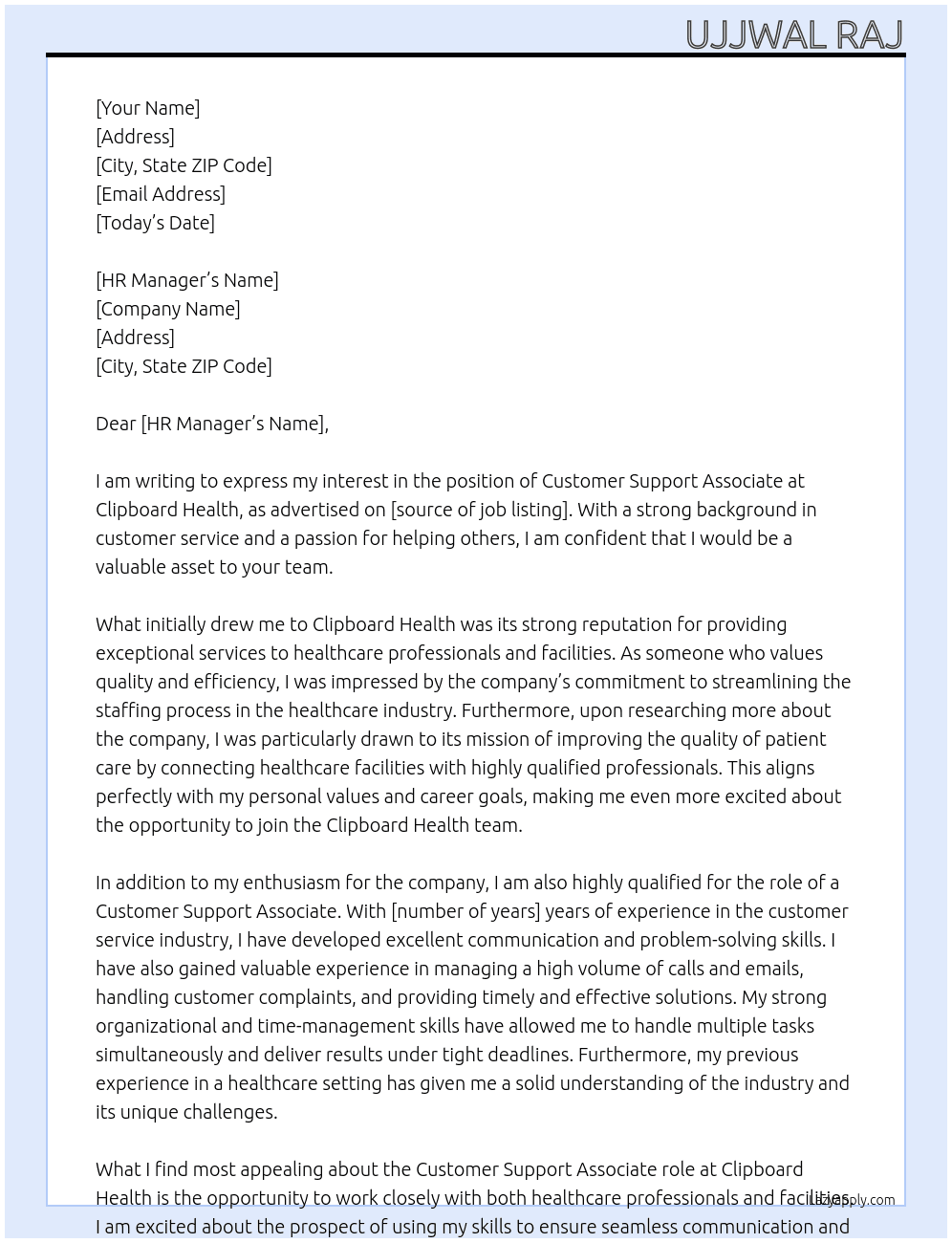 Customer Support Associate  At Clipboard Health Cover Letter