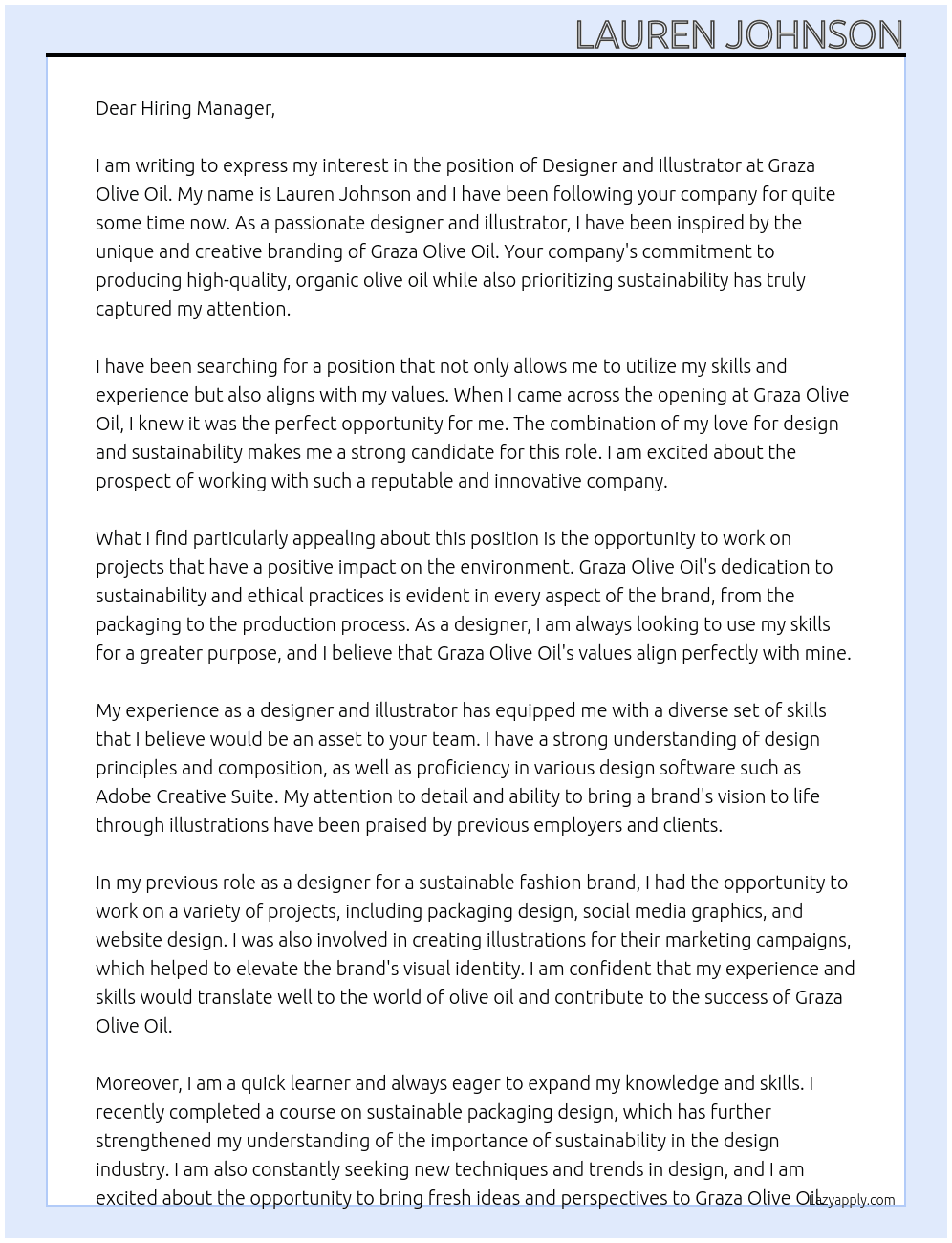 Designer and Illustrator At Graza olive oil Cover Letter
