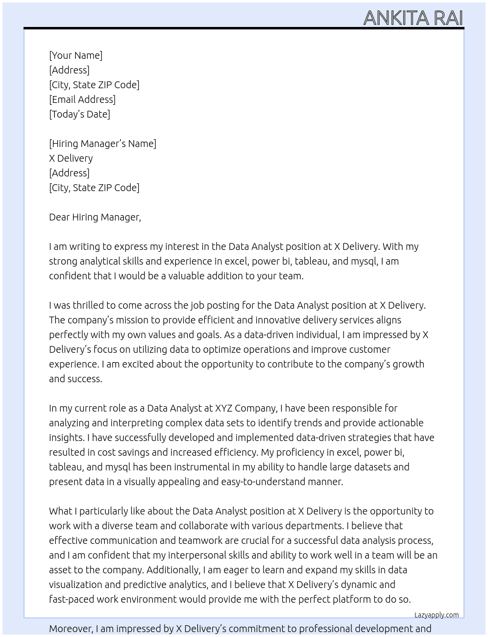 Data Analyst At X Delivery Cover Letter