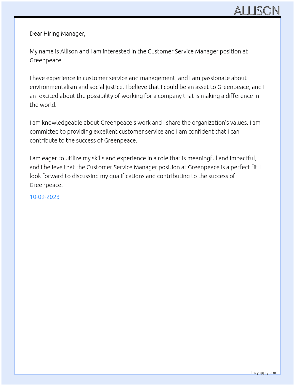 Customer Service Manager At Greenpeace Cover Letter