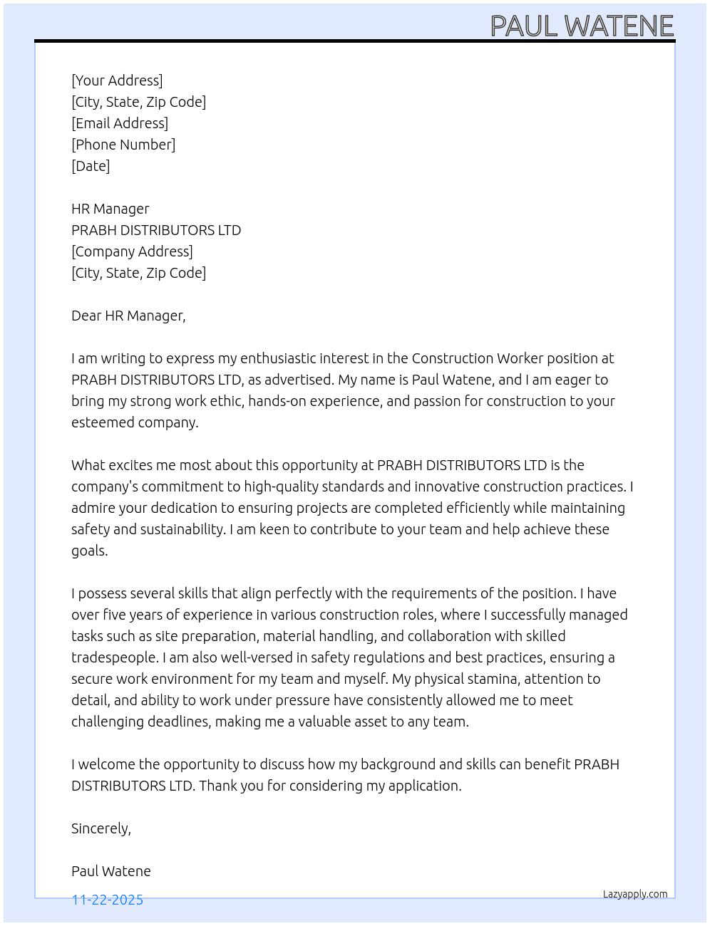 Construction worker At PRABH DISTRIBUTORS LTD Cover Letter