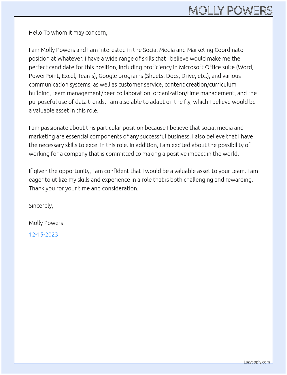Social Media and Marketing Coordinator At Whatever Cover Letter