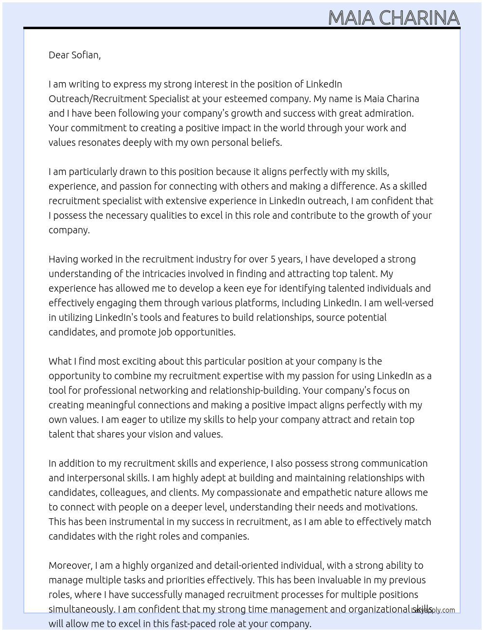 LinkedIn Outreach / recruitment Specialist At Sofian Cover Letter