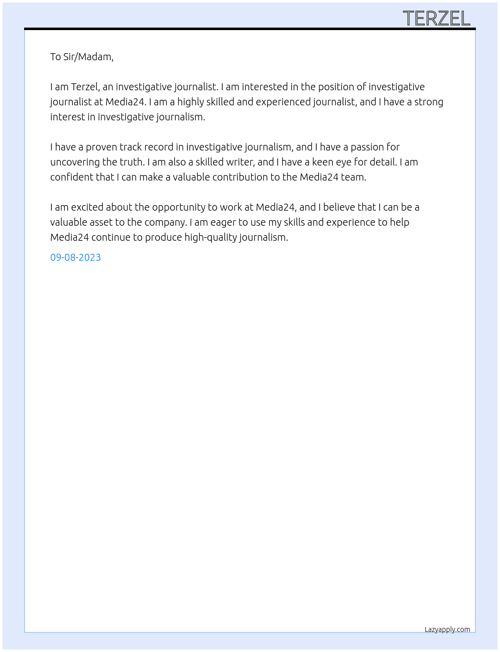 Investigative Journalist At Media24 Cover Letter