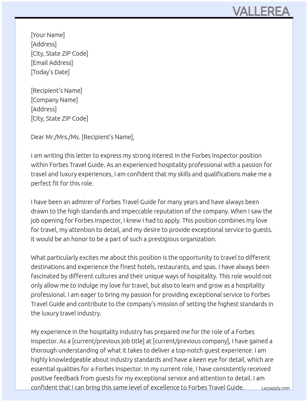 Forbes Inspector At Forbes travel guide Cover Letter