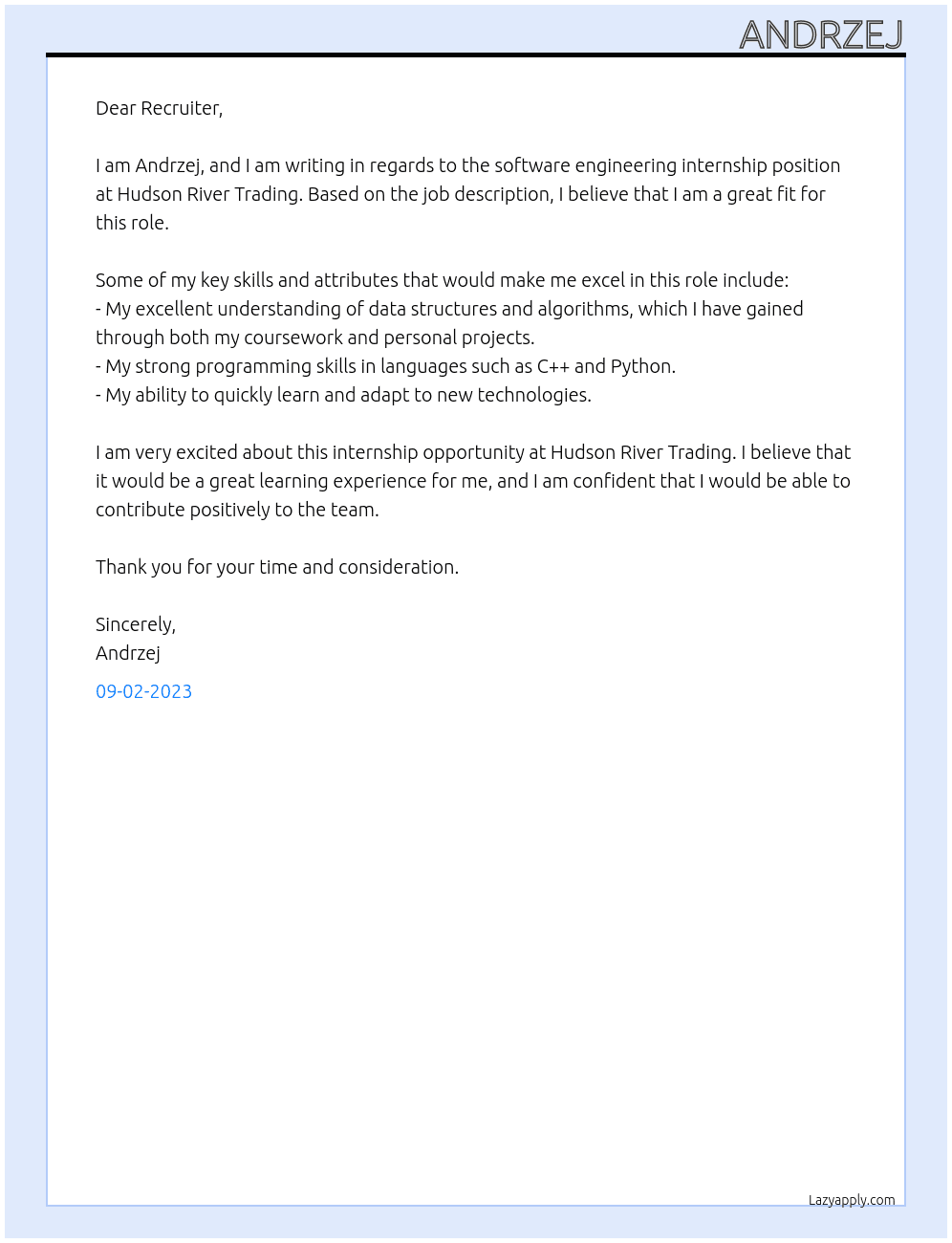 Software engineer At Hudson River Trading Cover Letter