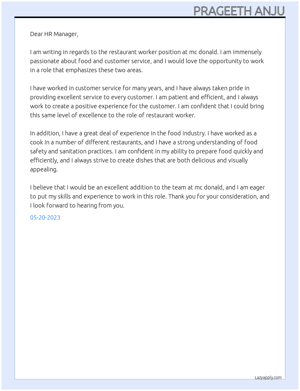 Restaurant worker At mc donald Cover Letter