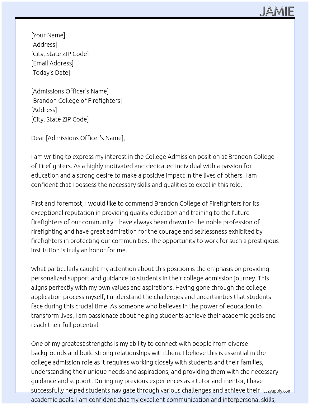 College Admission At Brandon College of Firefighters  Cover Letter