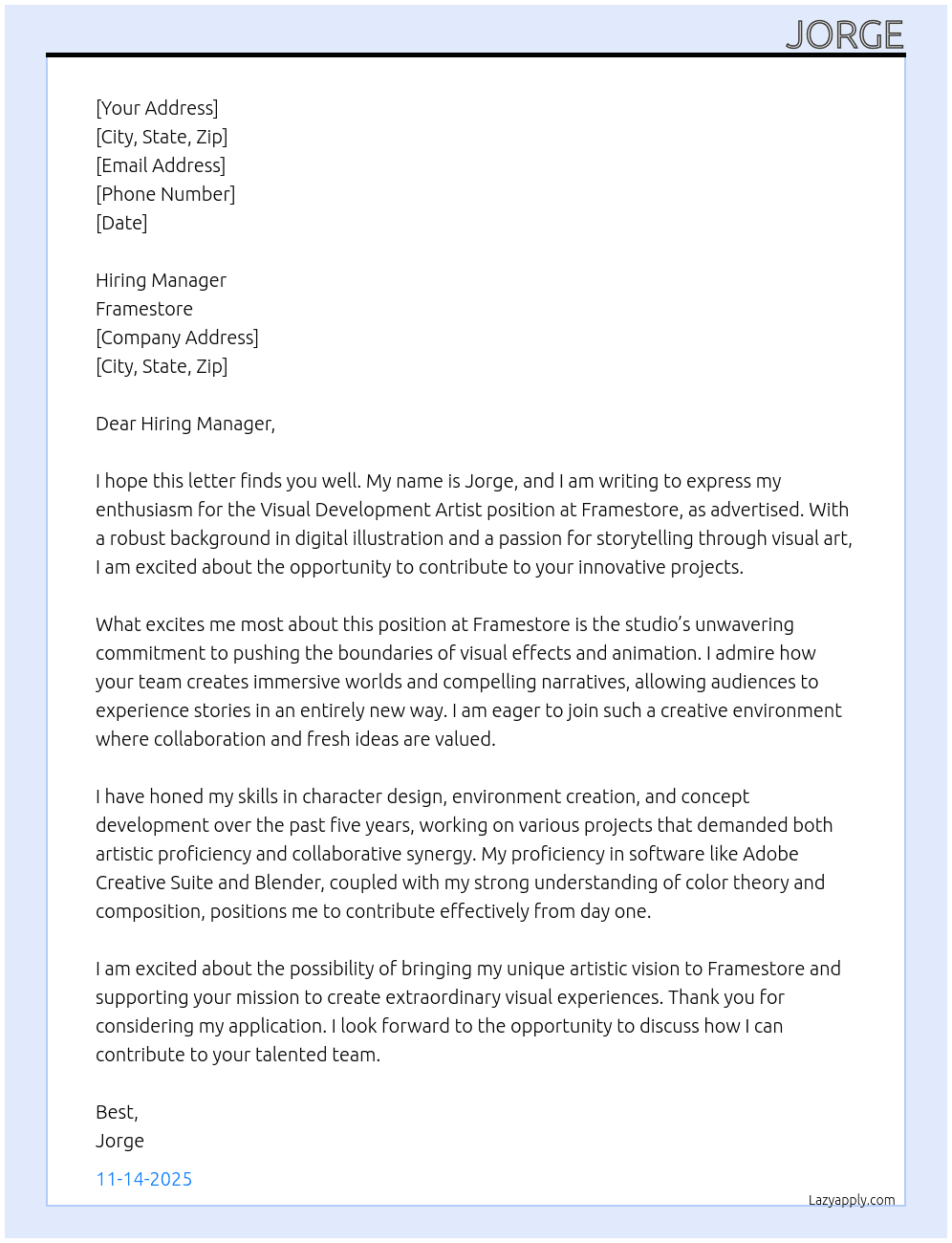 Visual development artist At Framestore Cover Letter