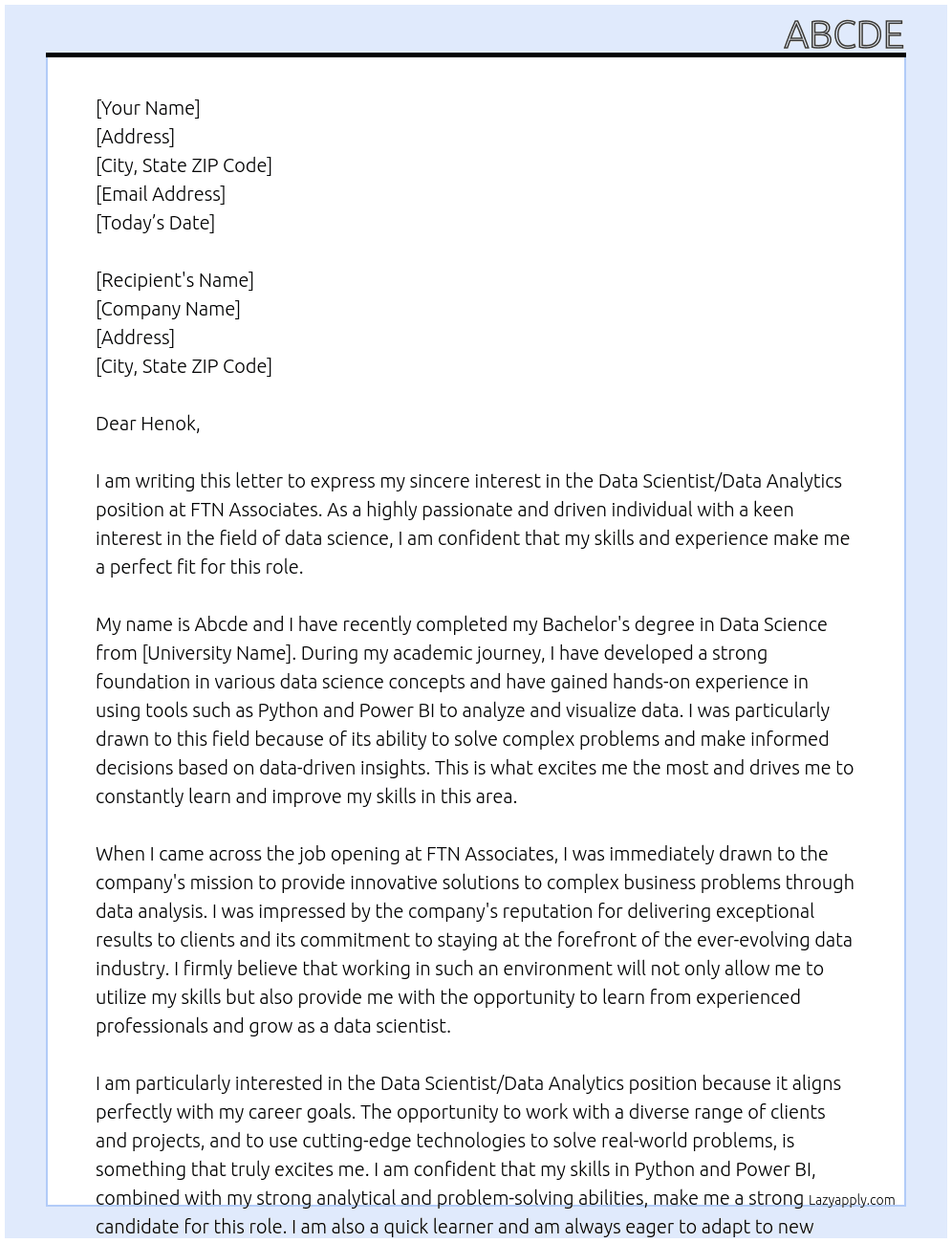 Data Scientiest/Data Analytics  At ftn associates Cover Letter