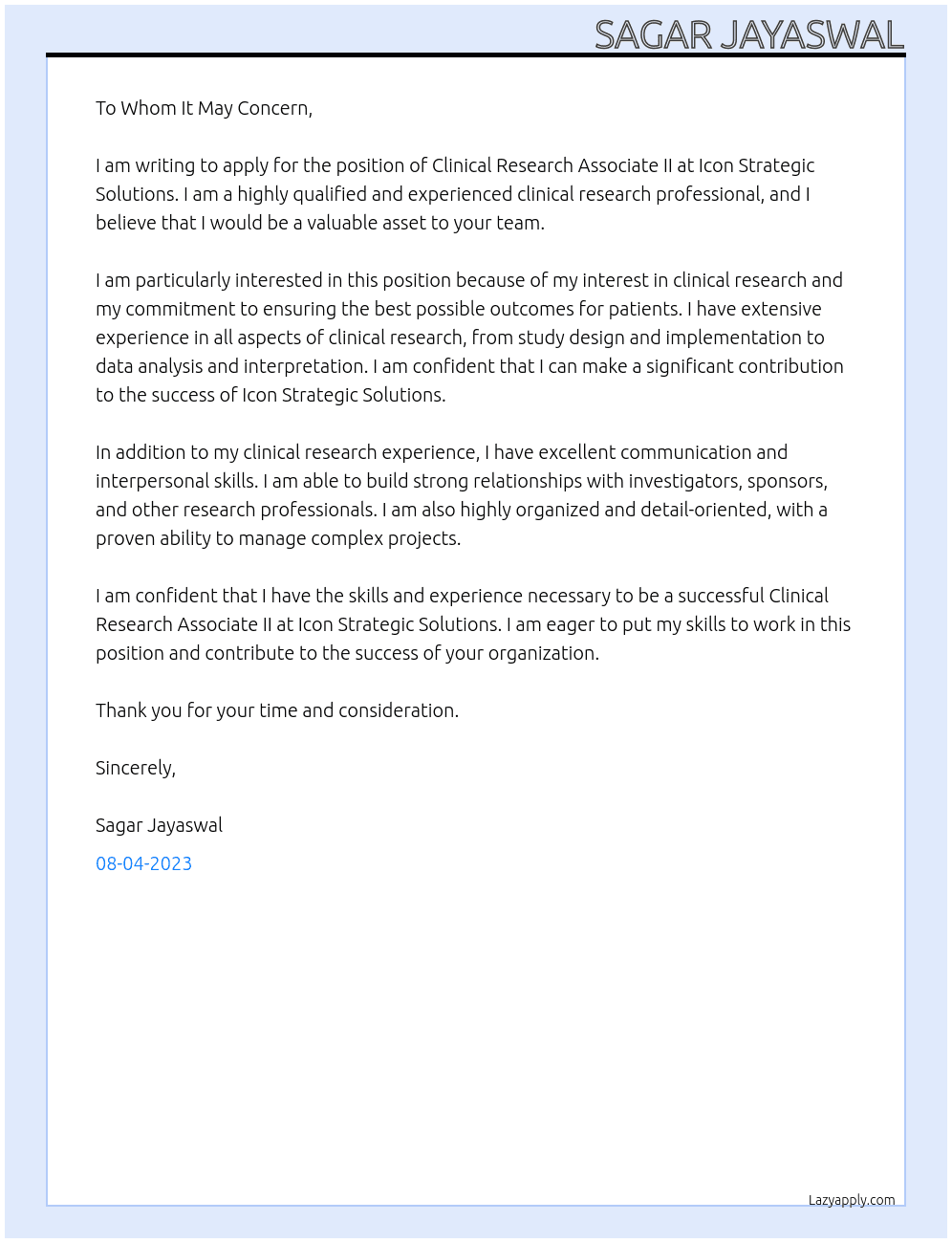 Clinical Research Associate II At Icon Strategic Solutions Cover Letter