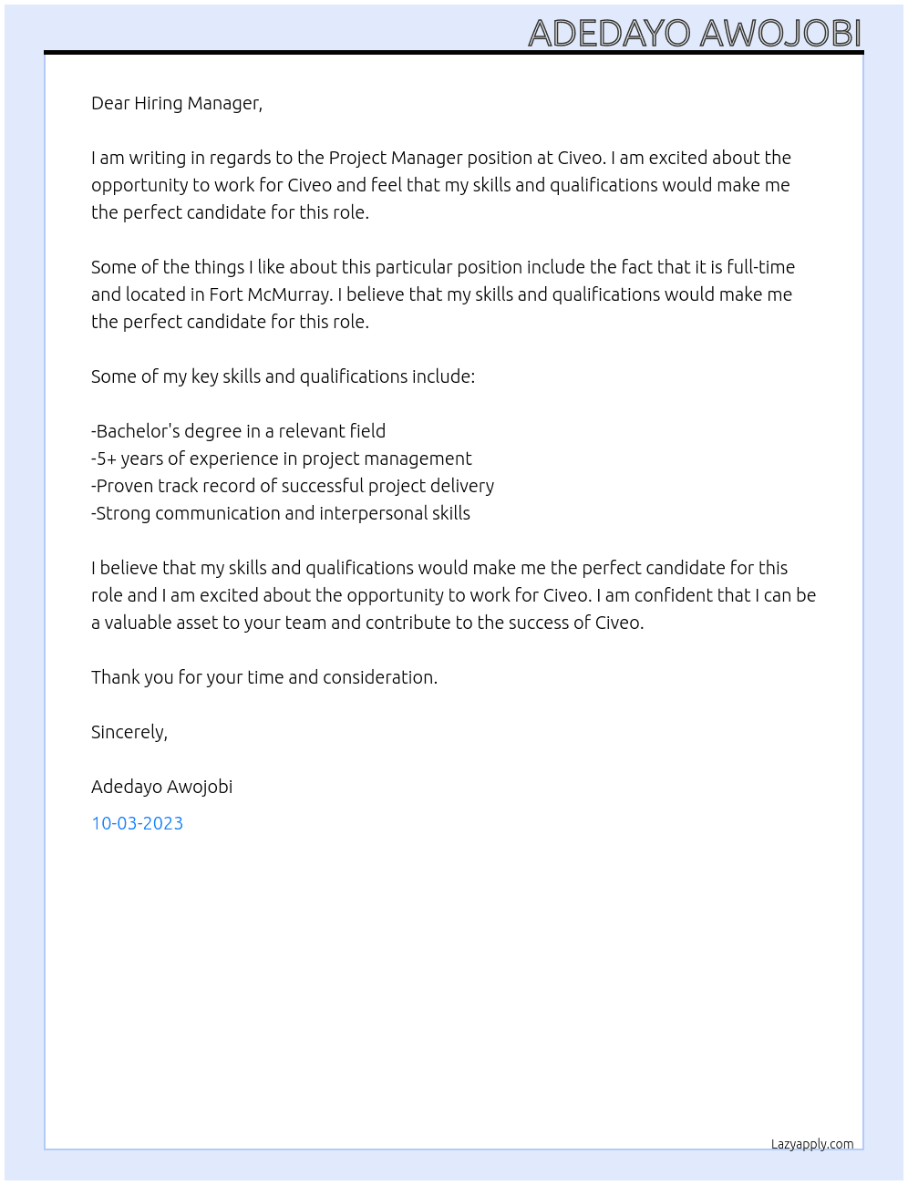 project manager At Civeo Cover Letter