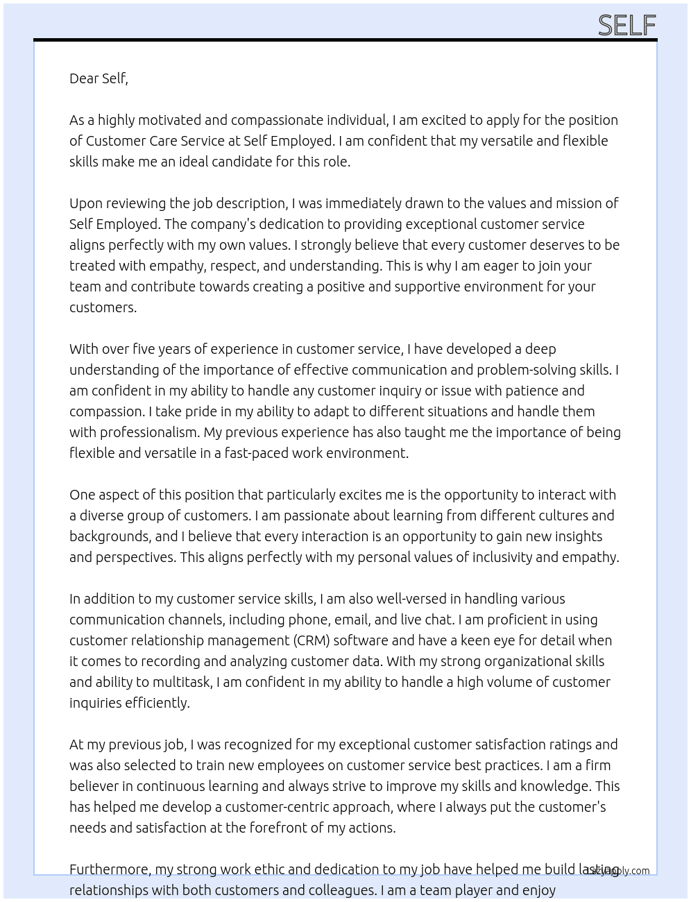 customer care service At self employed  Cover Letter