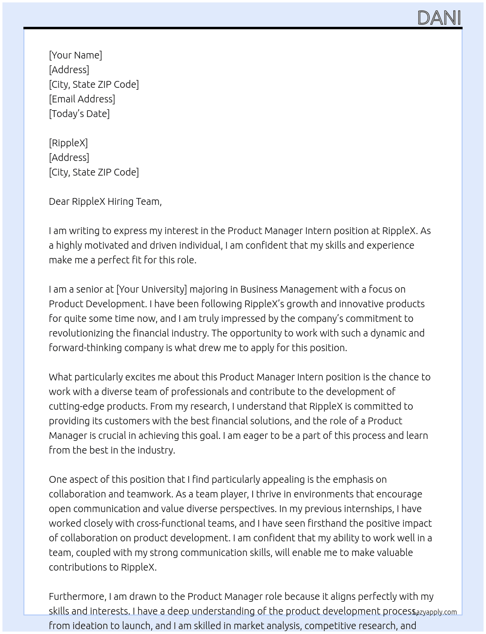 Product Manager Intern At RippleX Cover Letter