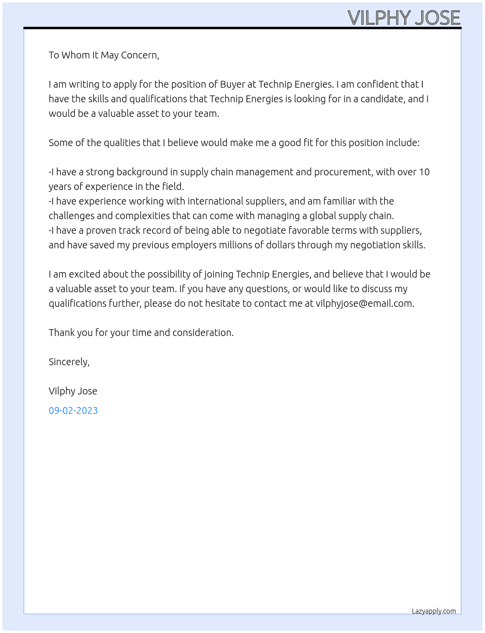 Buyer At Technip Energies Cover Letter