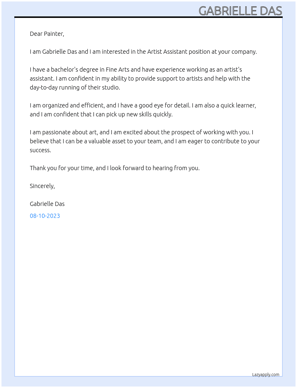 Artist Assistant At Painter Cover Letter