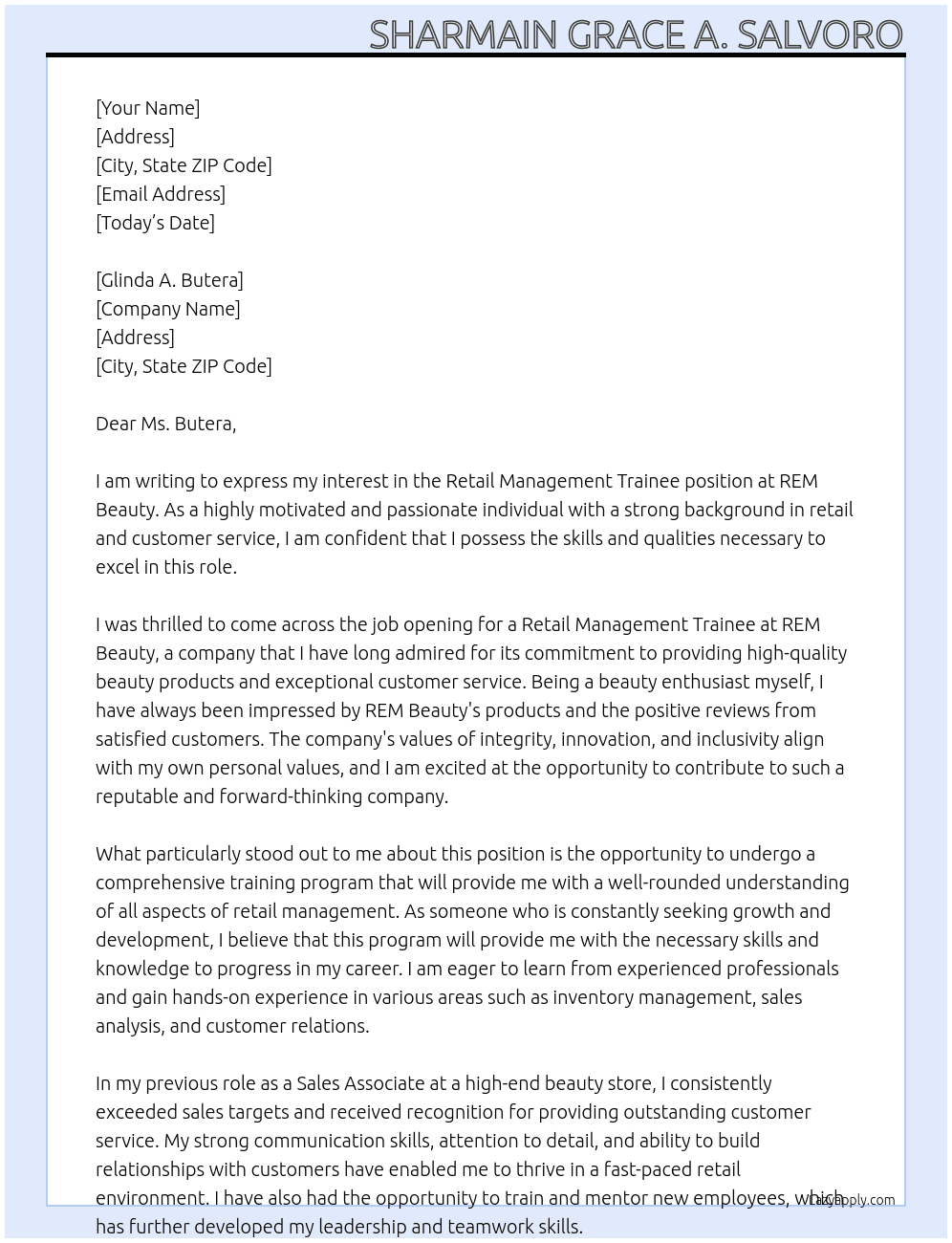Retail Management Trainee At REM Beauty  Cover Letter