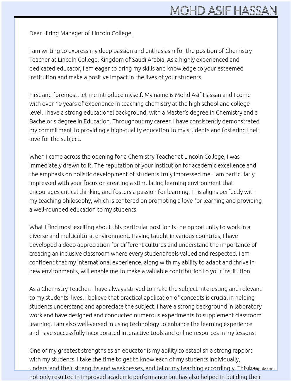 chemistry teacher At LINCOLN COLLEGE KINGDOM OF SAUDI ARABIA Cover Letter