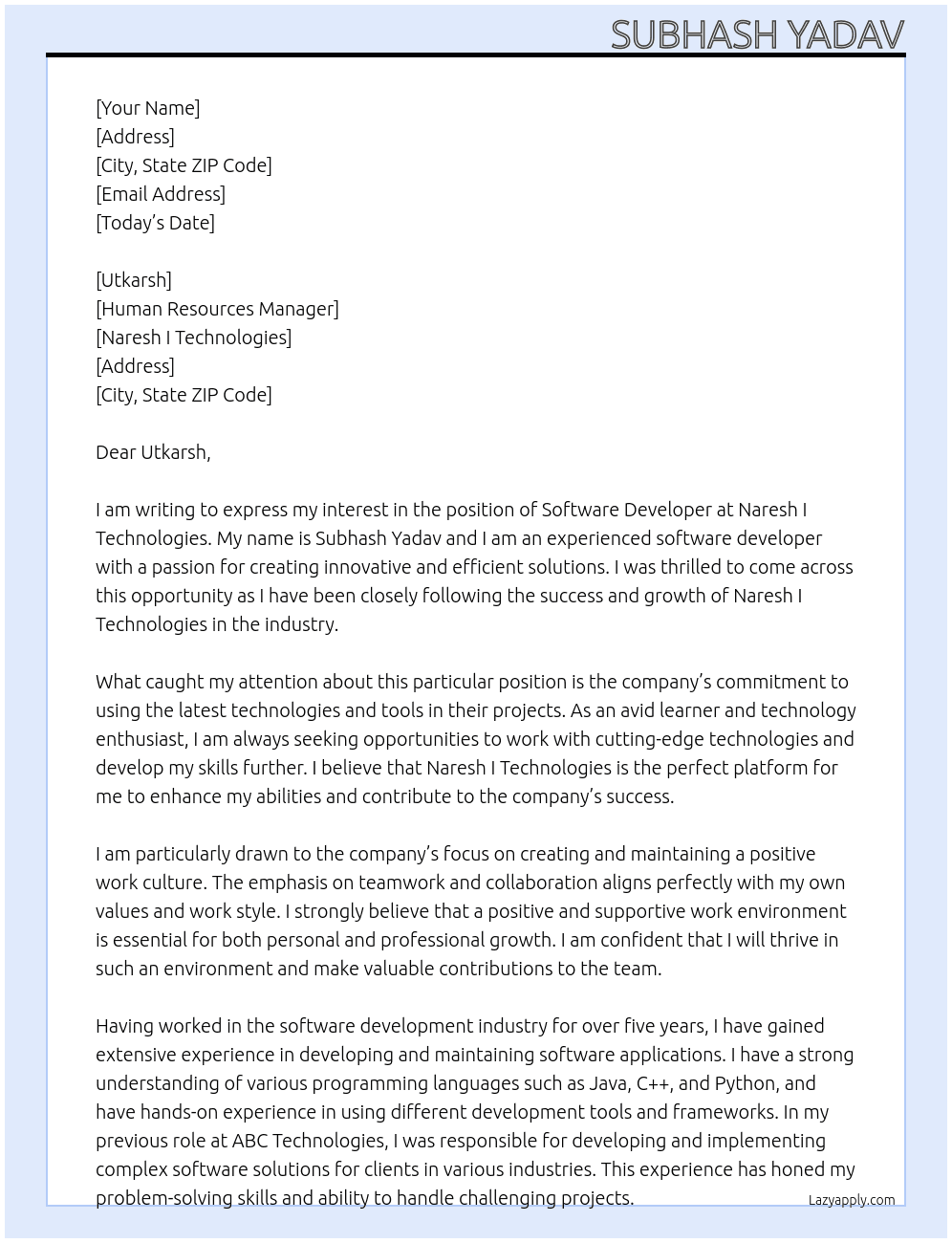 software developer At naresh i techonologies Cover Letter