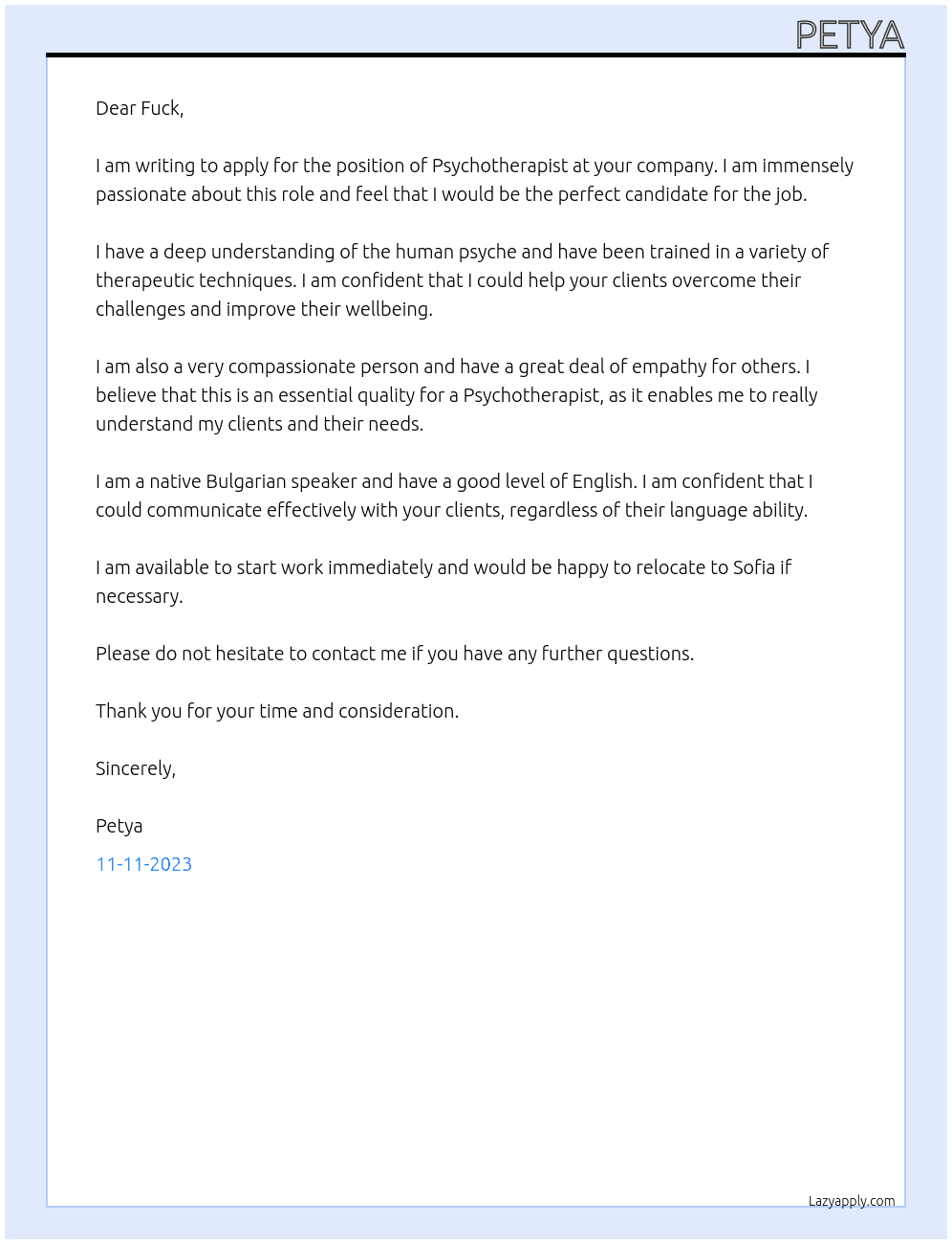 Psychotherapist  At Fuck Cover Letter