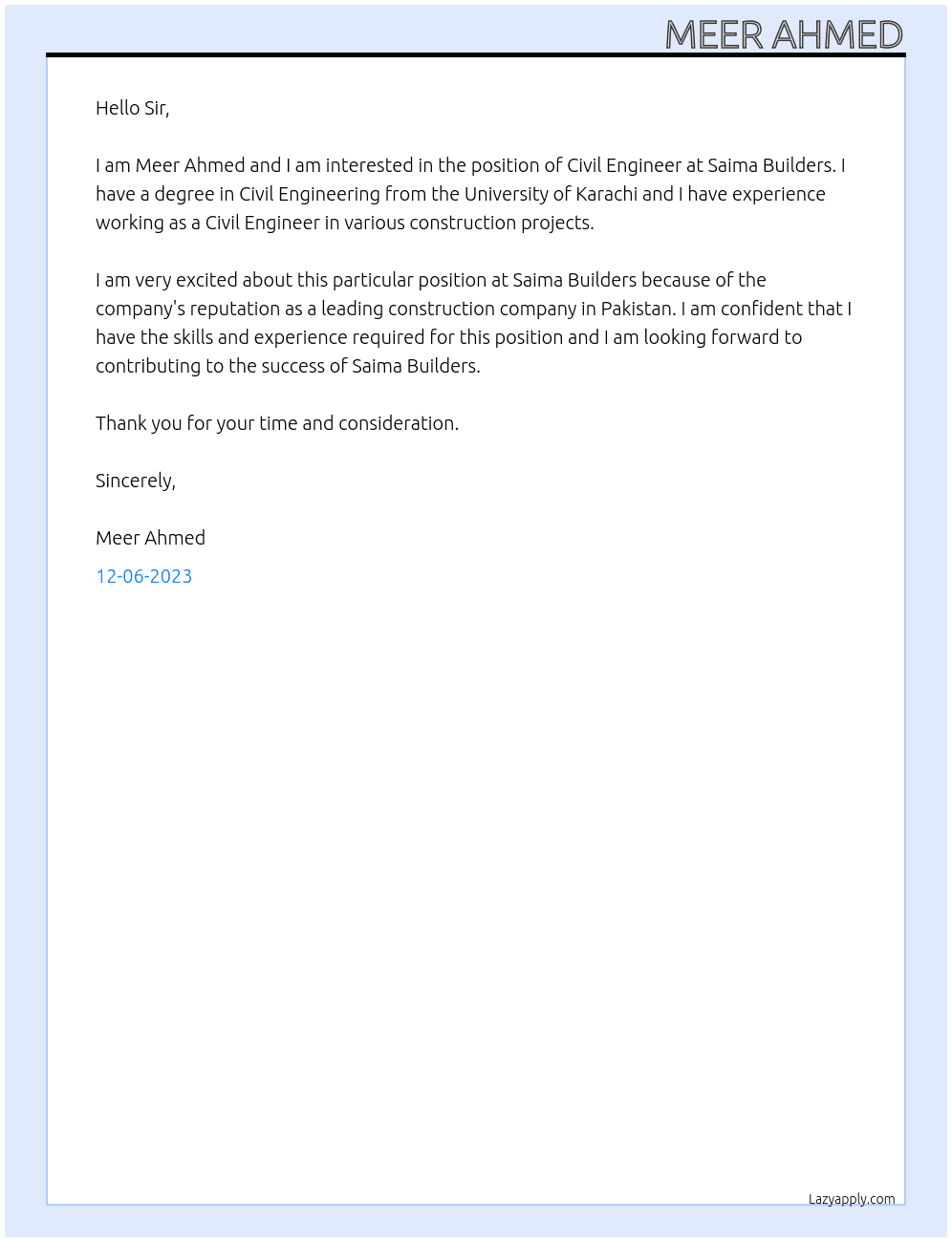 Civil Engineer At Saima Builders Cover Letter