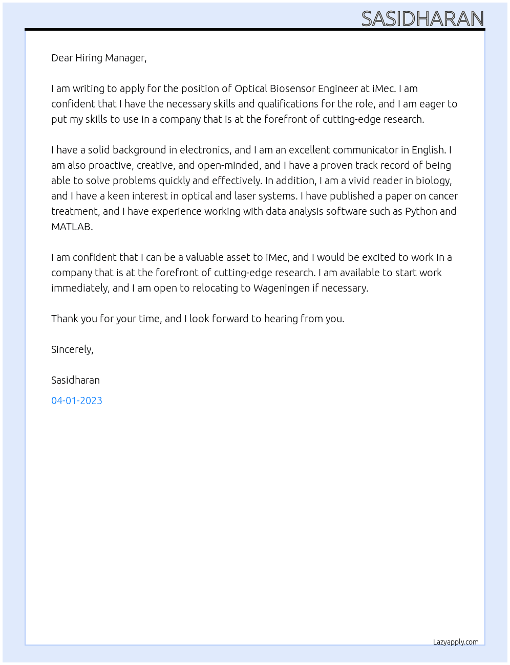 Optical biosensor engineer At iMec Cover Letter