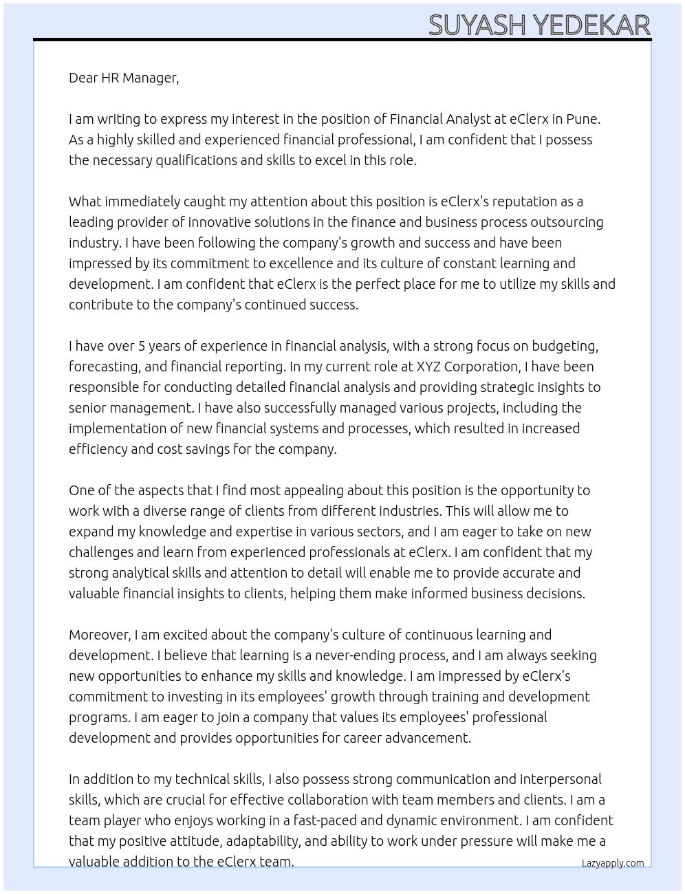 financial analyst At eClerx- Pune Cover Letter