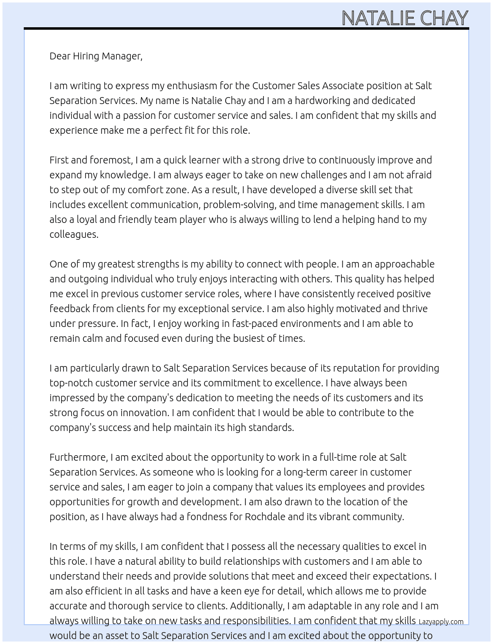 Customer Sales Associate  At Salt Separation Services Cover Letter