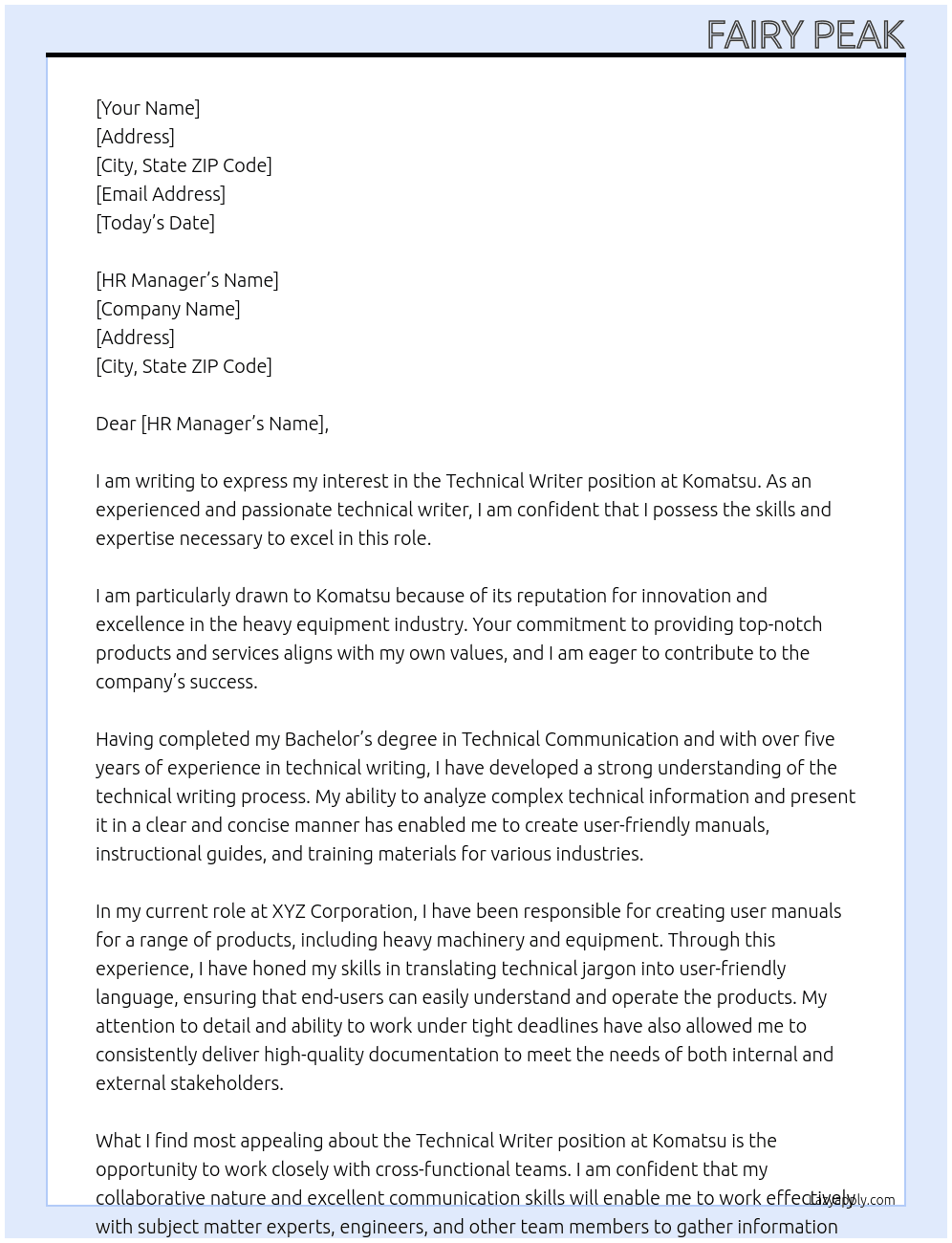 Technical Writer At Komatsu Cover Letter