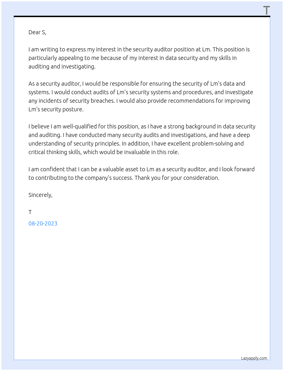 Security auditor At Lm Cover Letter